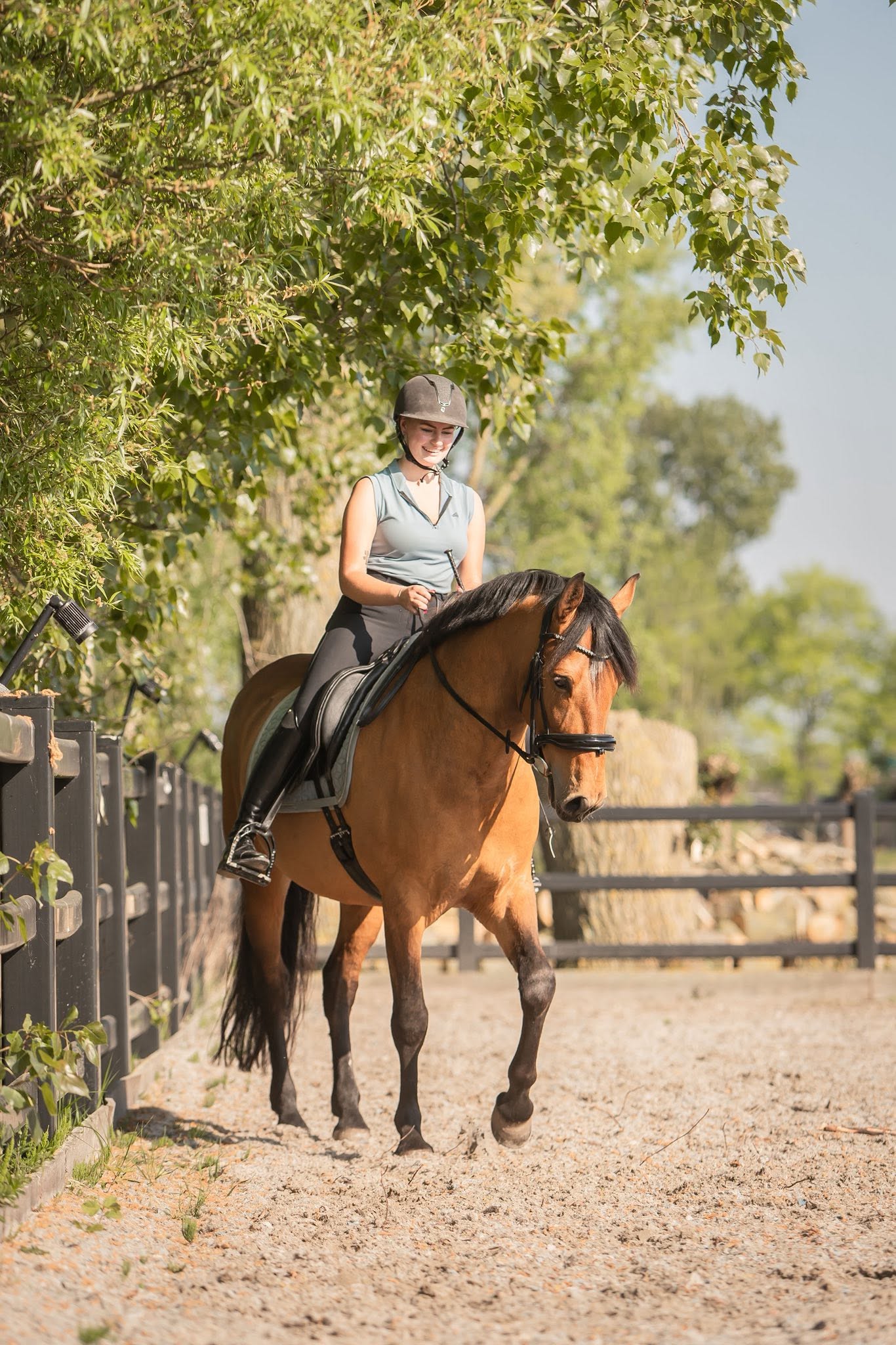 Susan Veldmans te paard onder groene bomen